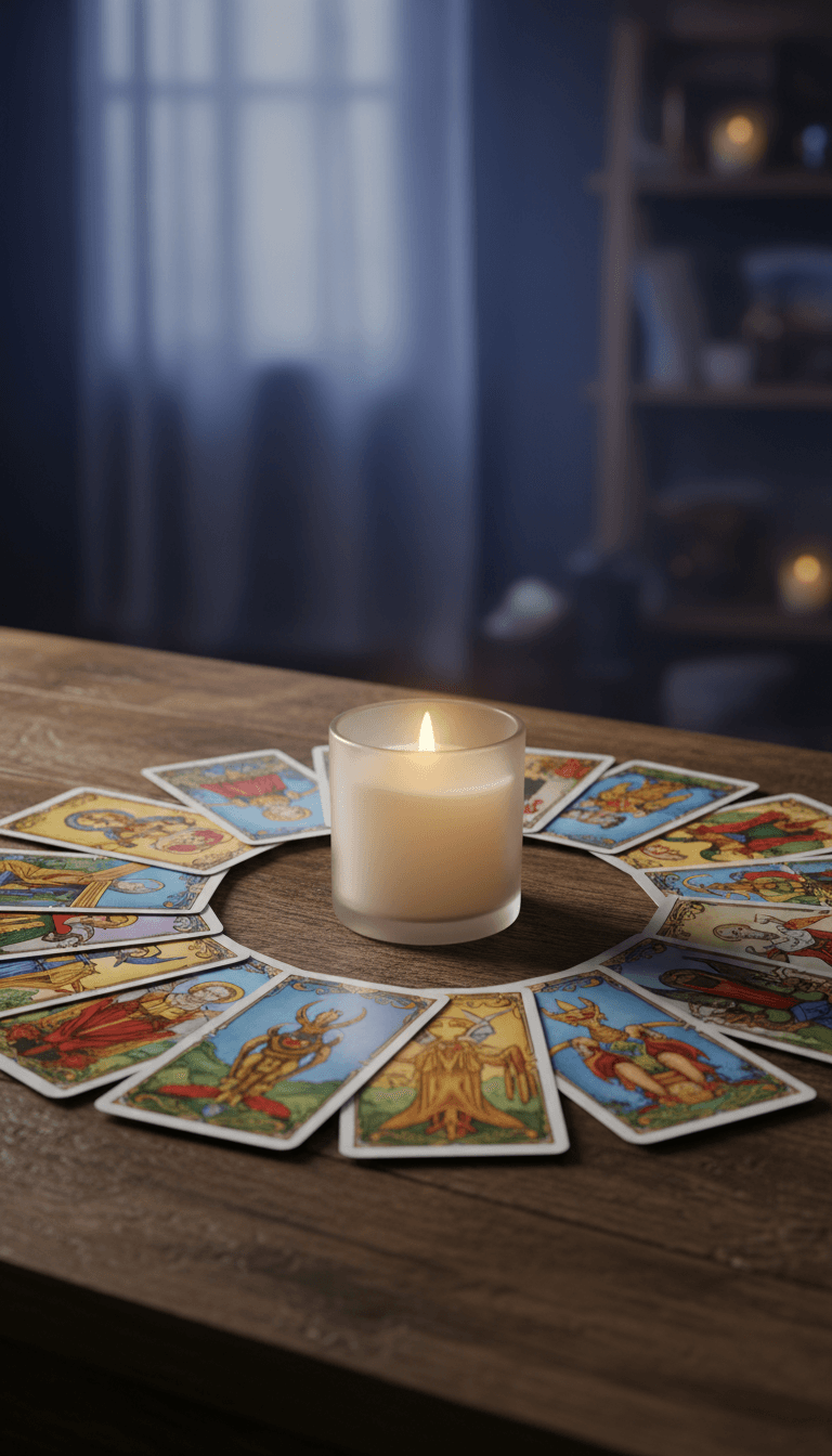 Tarot cards spread on a table with a glowing candle in a mystical setting