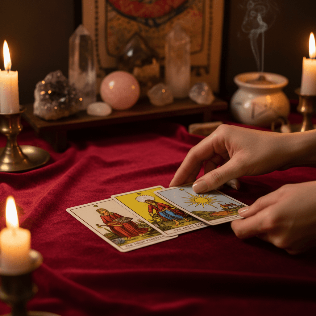 Close-up of hands arranging tarot cards on velvet by candlelight.
