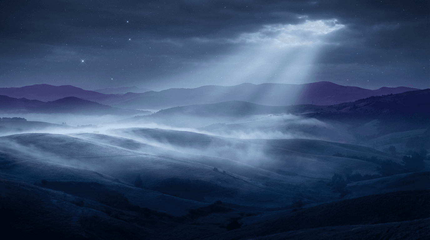 Moonlit rolling hills shrouded in mist with ethereal light rays piercing through cool night sky.