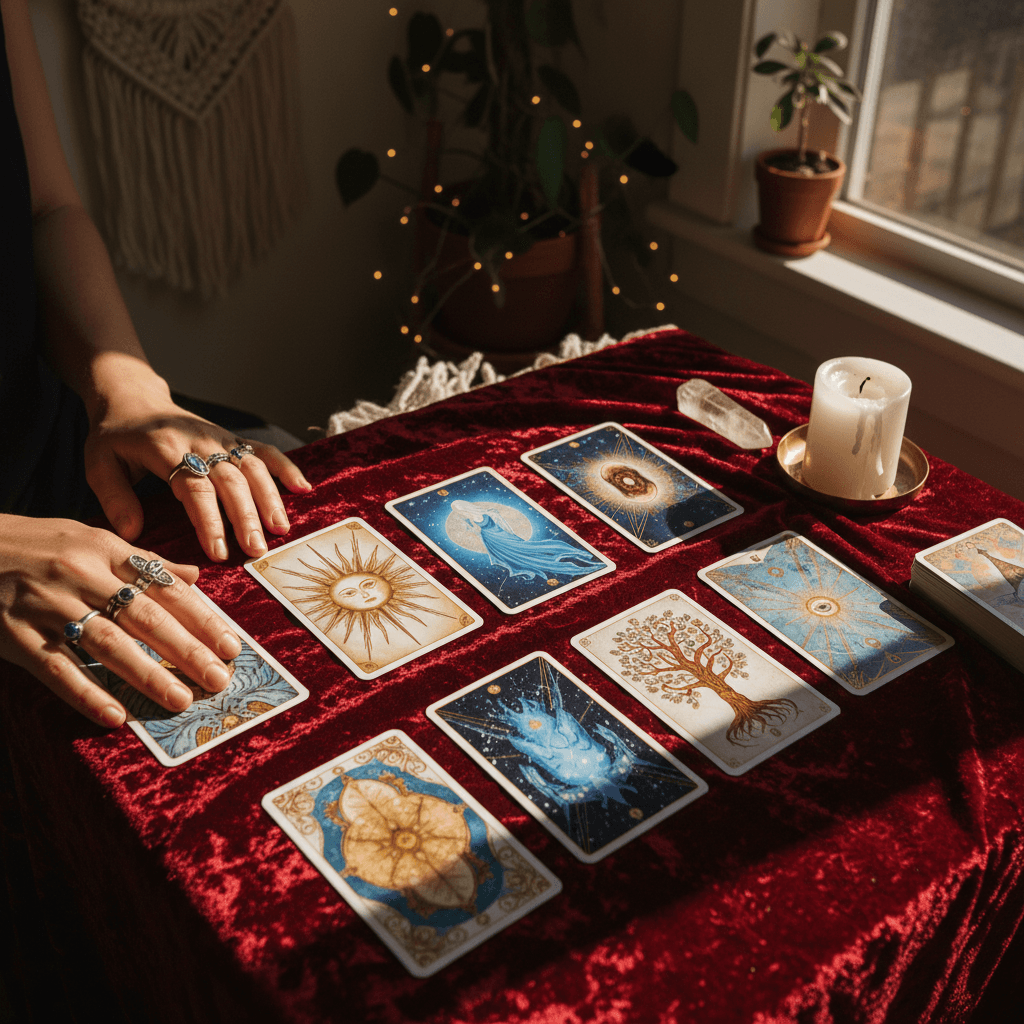 Tarot reader's hands arranging oracle cards on velvet fabric with crystals and candles in warm, mystical lighting