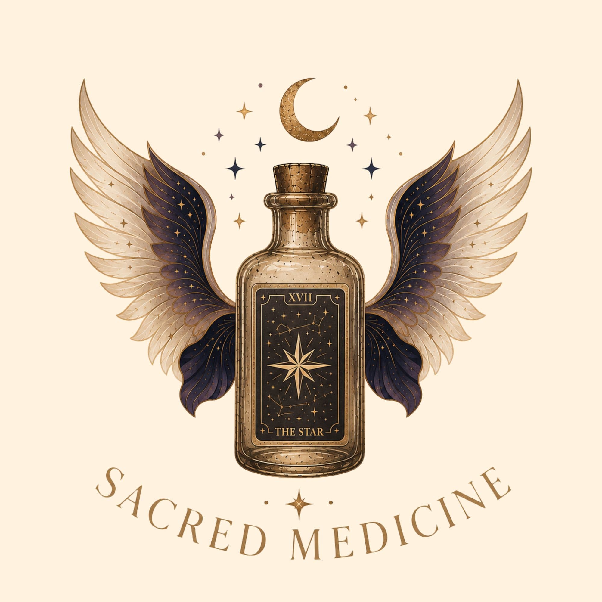 Winged glass bottle featuring 'The Star' tarot label, celestial symbols, and 'Sacred Medicine' text.